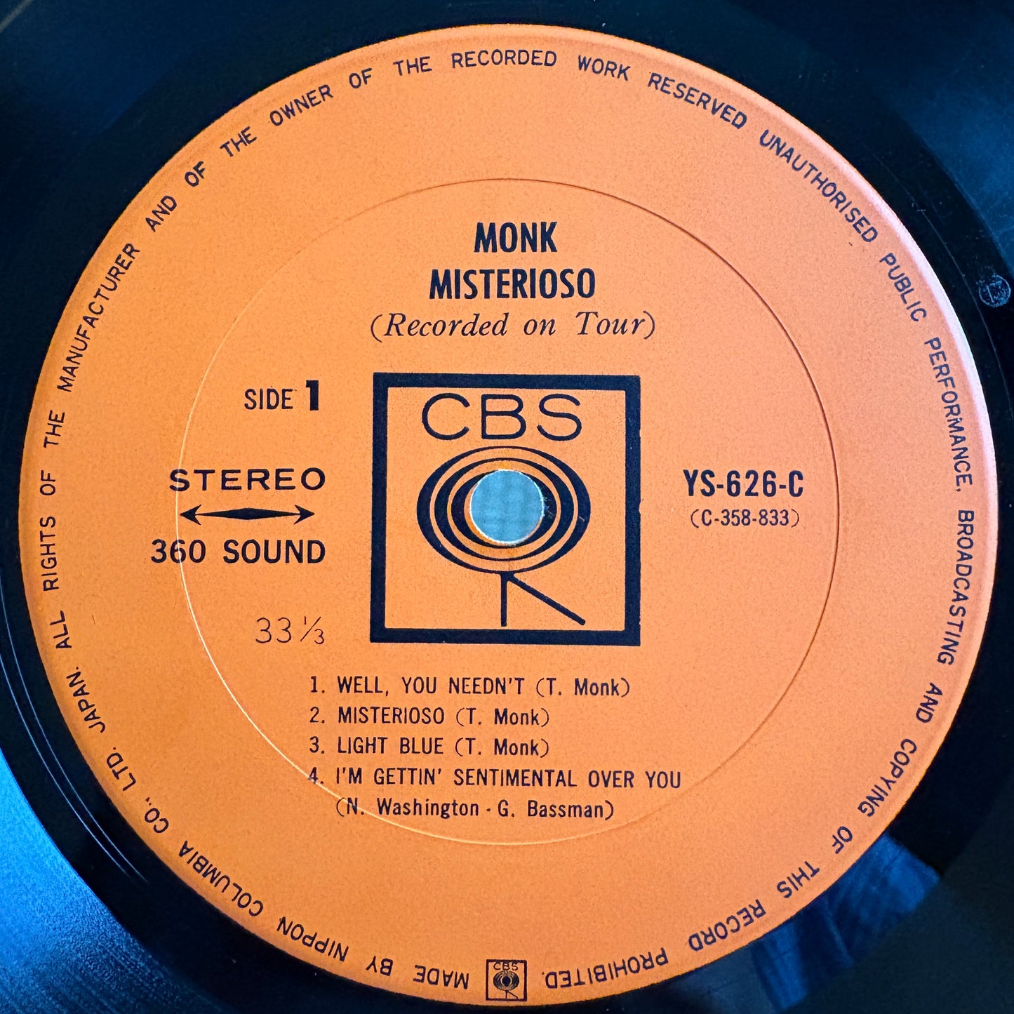 Thelonious Monk ‎– Misterioso / YS-626-C  CBS Original Japan LP