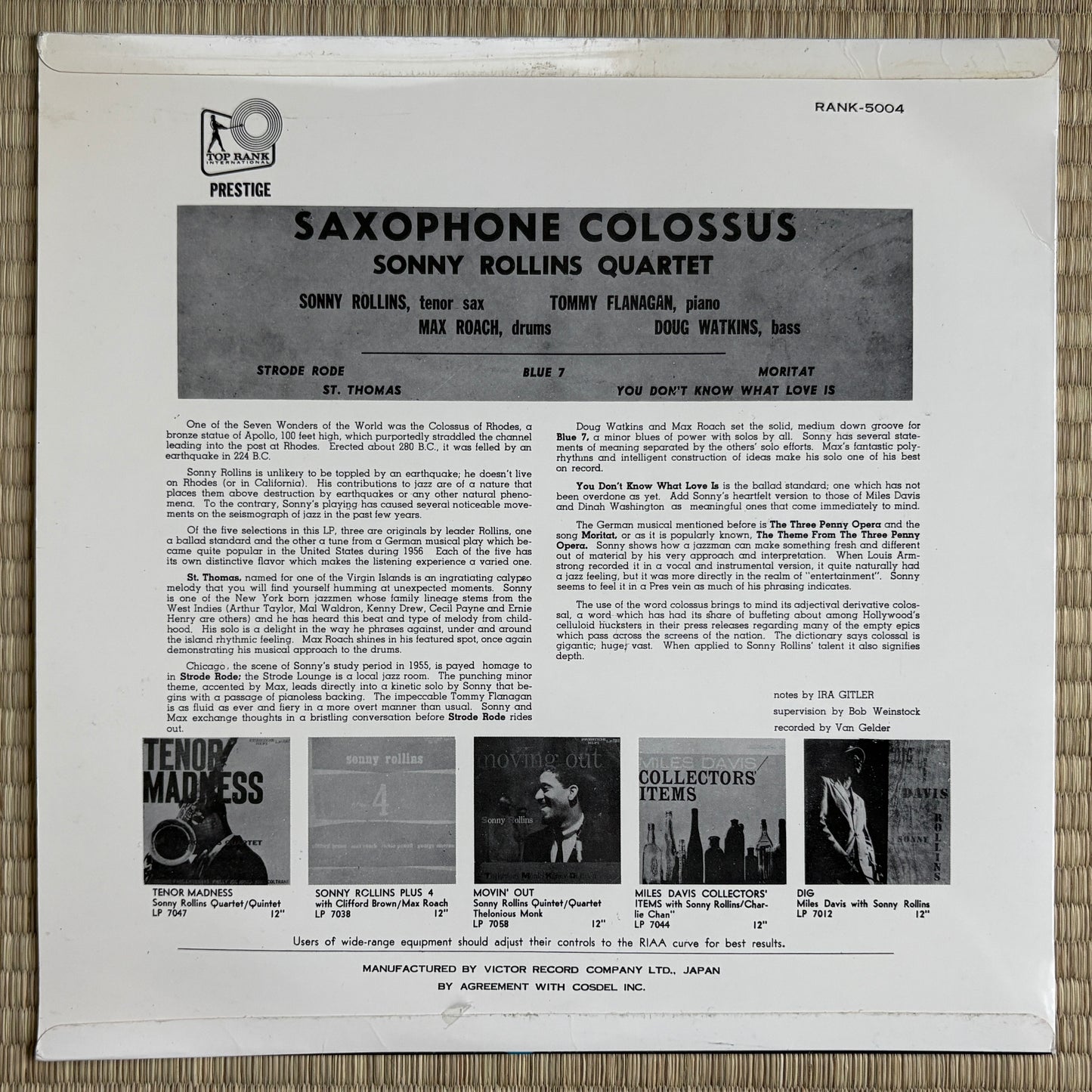 Sonny Rollins - Saxophone Colossus / Rank-5004 Top Rank Japan Original LP