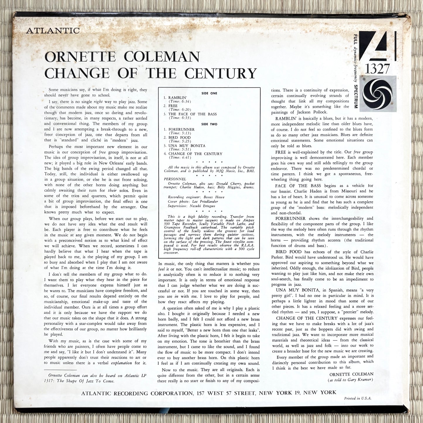 Ornette Coleman – Change Of The Century / 1327 Atlantic US Mono LP