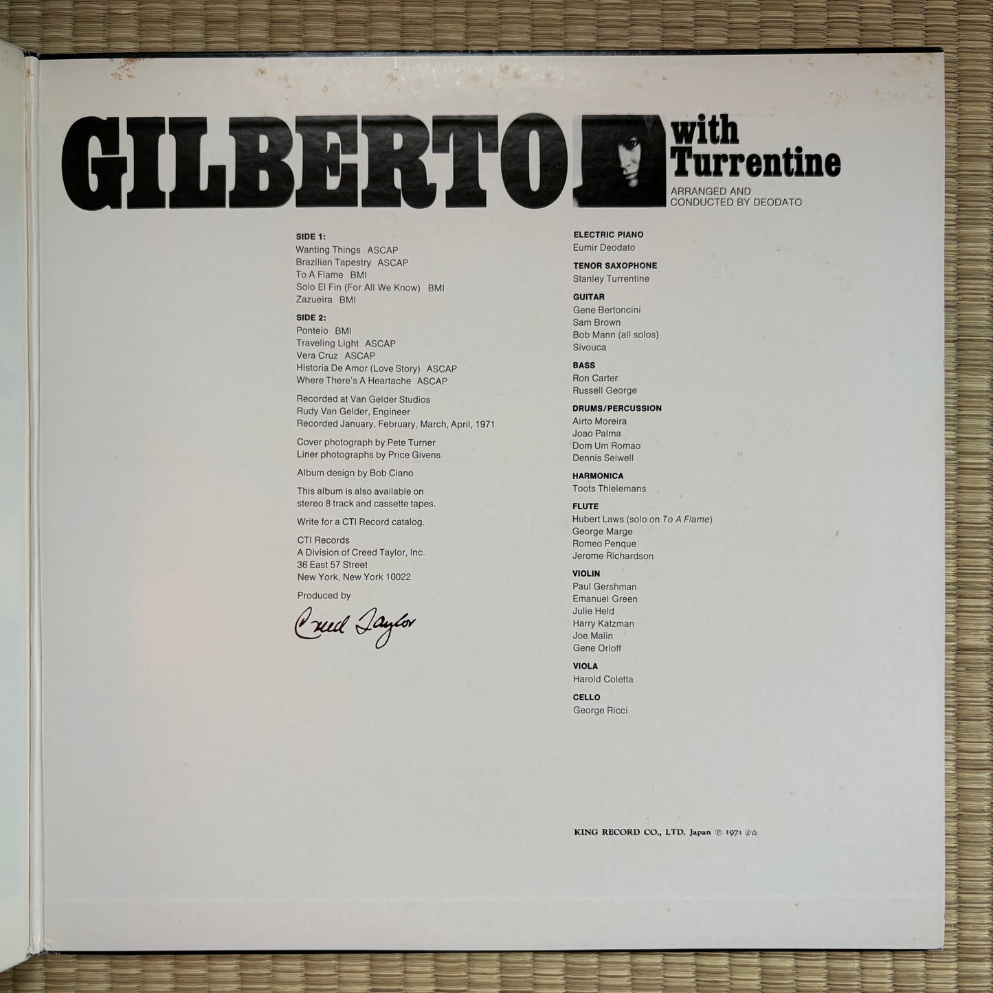 Gilberto, Turrentine – Gilberto With Turrentine / SR 3313 CTI Japan Original LP
