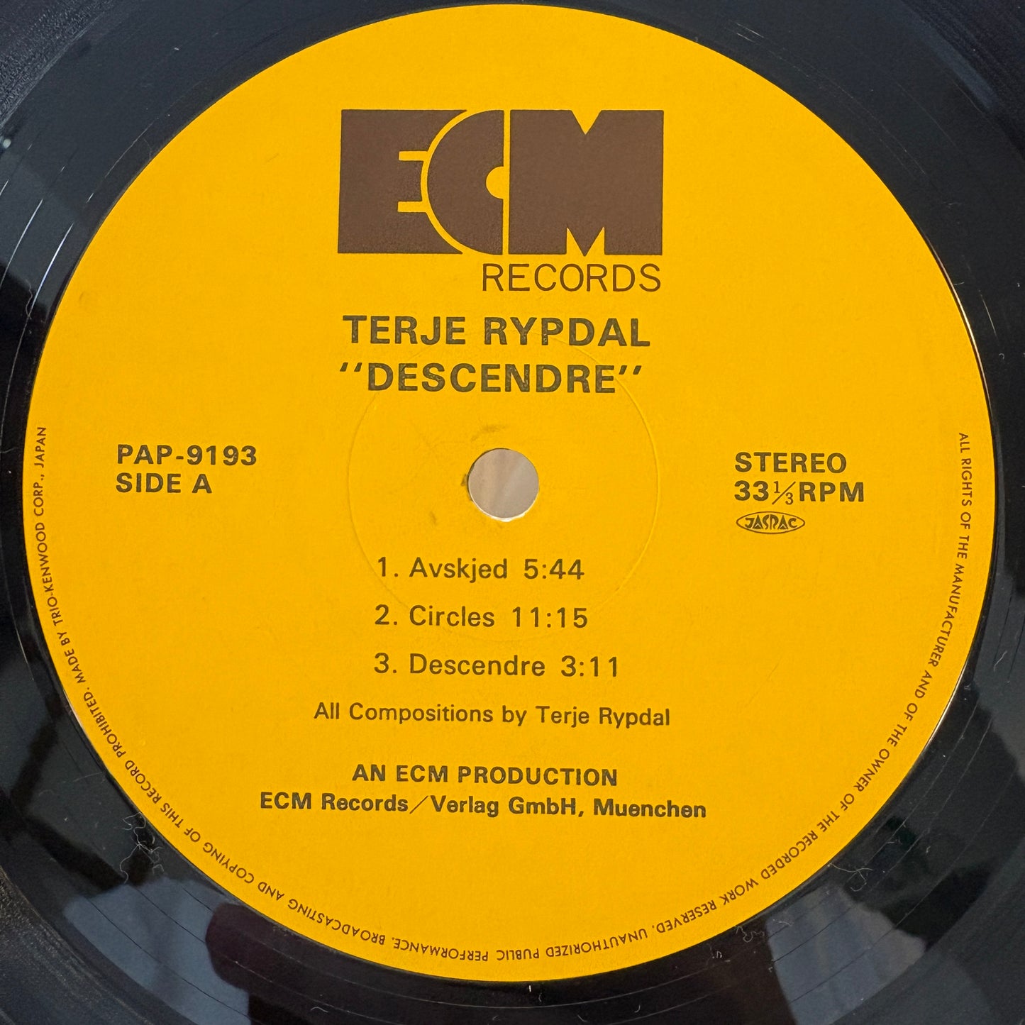 Terje Rypdal – Descendre / PAP-9193 ECM Japan Original LP