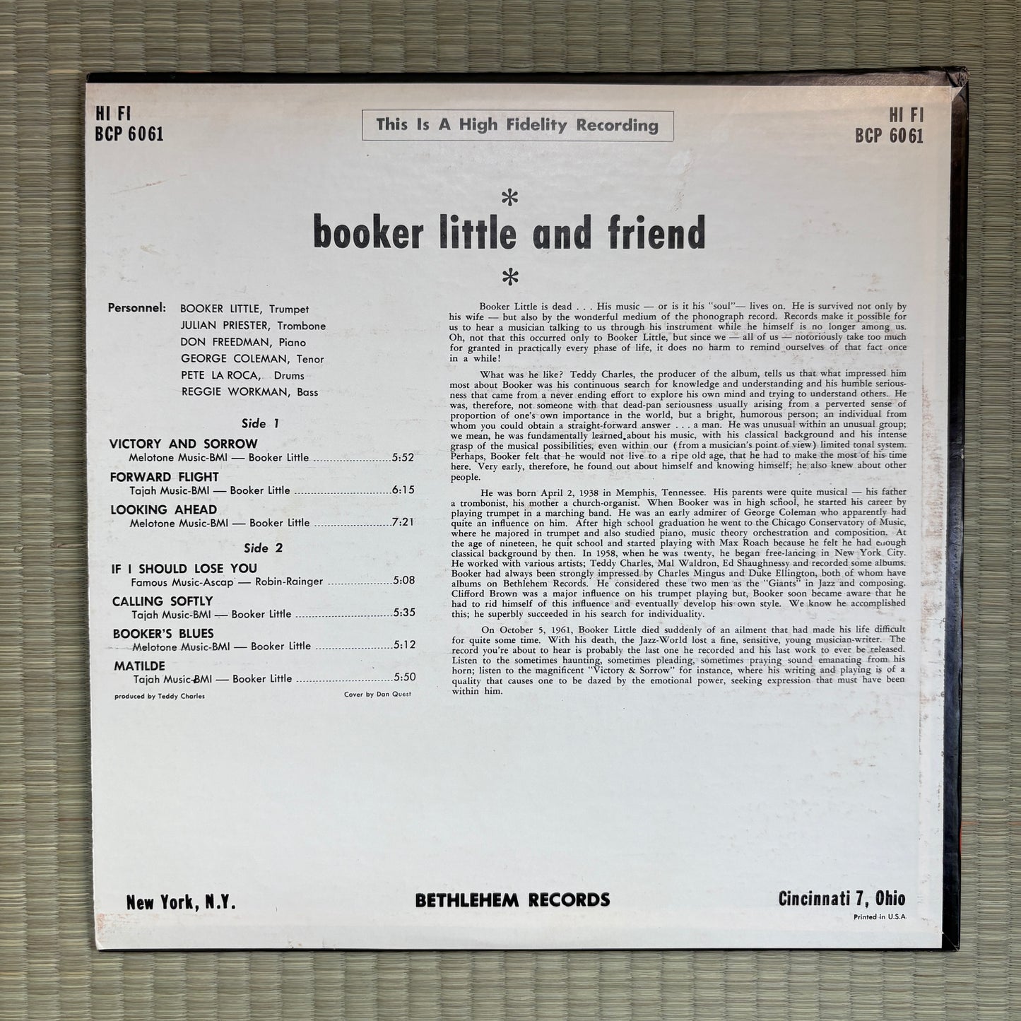 Booker Little ‎– Booker Little And Friend / BCP-6061 Bethlehem US LP
