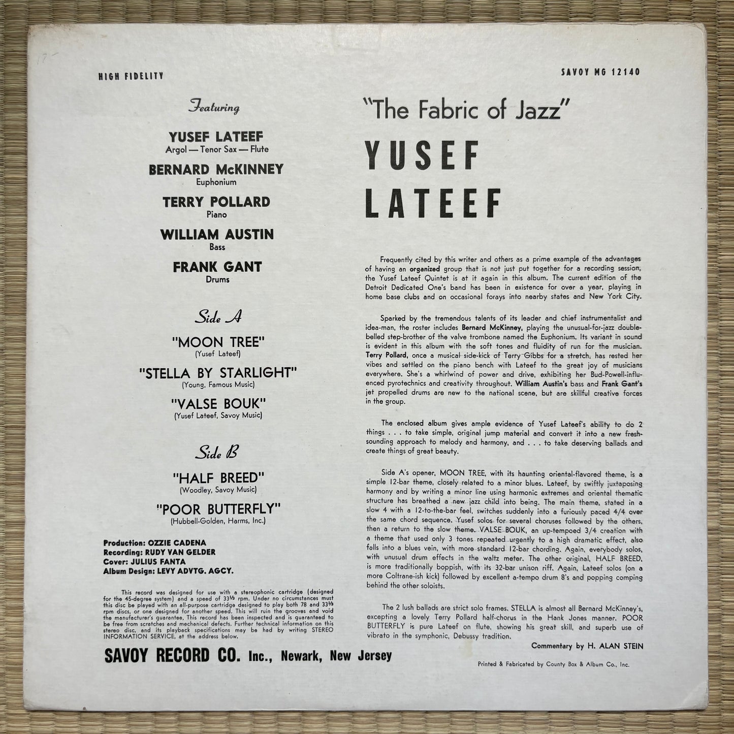 Yusef Lateef – The Fabric Of Jazz / MG-12140 Savoy US LP