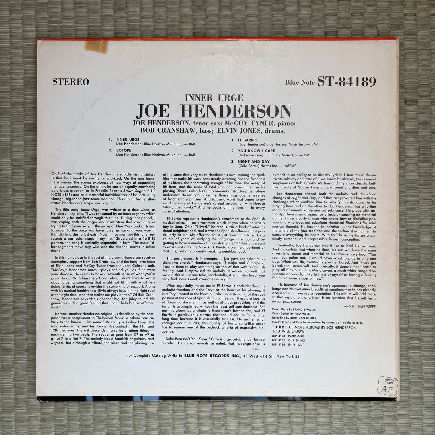 Joe Henderson ‎– Inner Urge / BST 84189 Original US LP