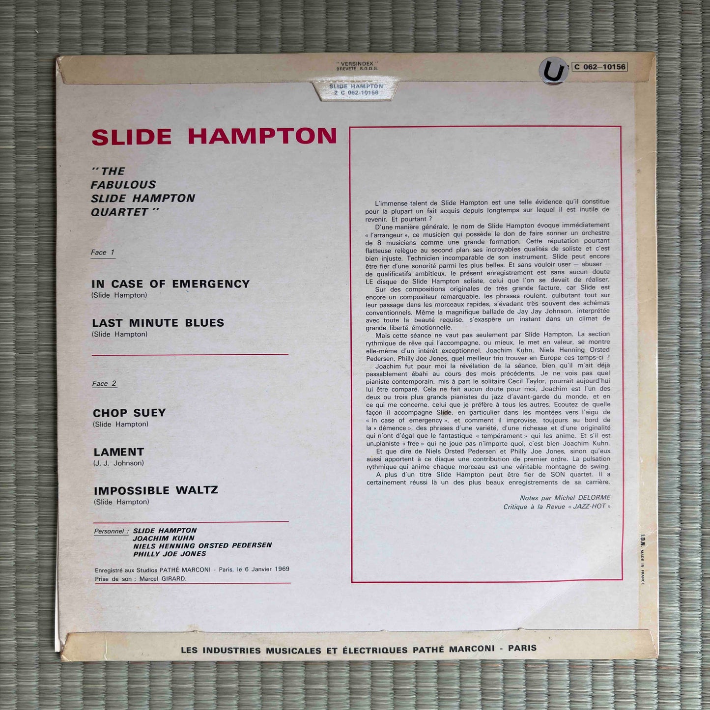 Slide Hampton ‎– The Fabulous Slide Hampton Quartet / 2C062-10.156 Pathé France LP