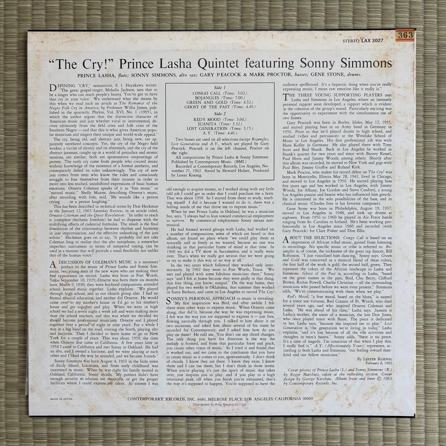 Prince Lasha Quintet - The Cry! / LAX 3027 Contemporary Japan LP