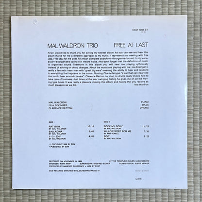 Mal Waldron Trio ‎– Free At Last / ECM 1001 ECM German LP