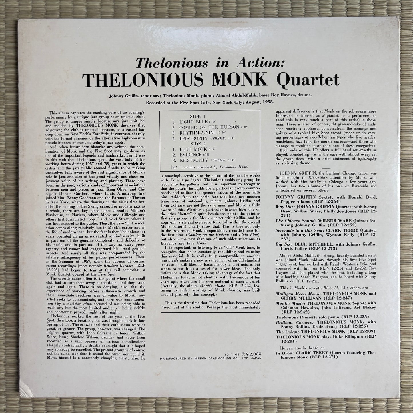 Thelonious Monk Quartet – Thelonious In Action / MW2020 Riverside Japan LP